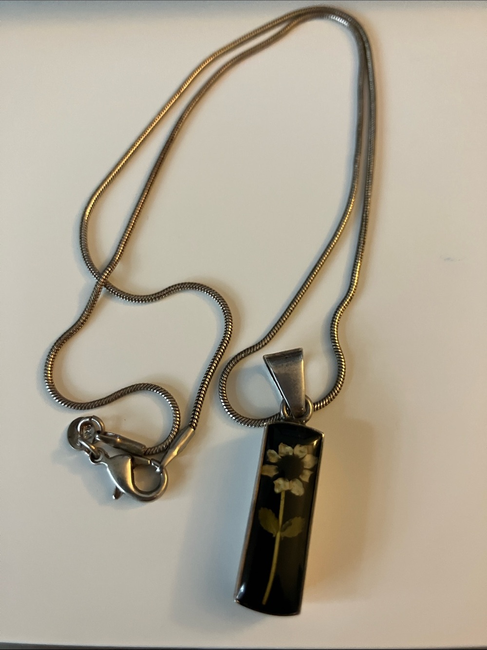 Black Floral Resin Rectangle Pendant Necklace with sterling Silver  Chain